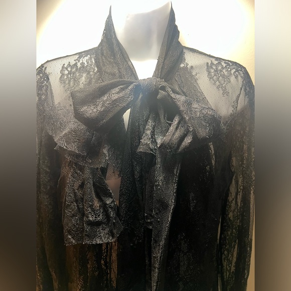 ZARA long sleeve lace shirt with v-neck and long bow tie.  Size MEDIUM - Picture 2 of 8